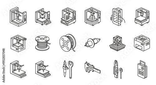 Collection of 3D printer icons and tool illustrations showcasing various printing processes and machinery from a technical viewpoint