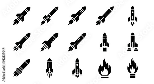 Collection of various rocket and flame icons displayed in a grid arrangement from a straightforward viewpoint