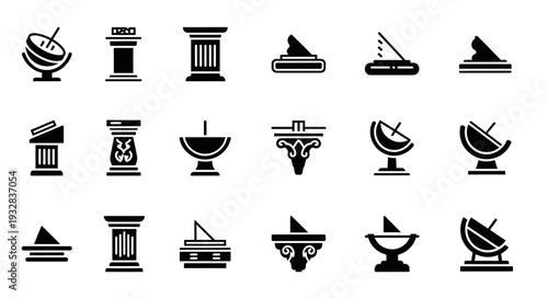Ancient Greek Architectural Elements and Astronomical Instruments Illustrated in Black Silhouettes on a Clean Background from a Straight-On Viewpoint