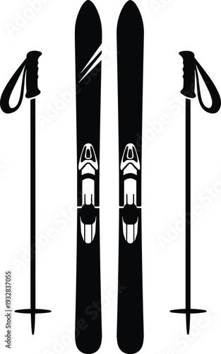 Black and white silhouette of mountain skiing equipment including downhill skis with bindings and matching poles isolated on a clean white background for winter sports.