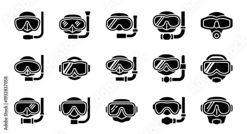 Collection of diving masks and snorkels in various designs and styles, featuring different shapes and accessories, presented in a grid layout for comparison and selection