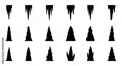 Collection of black silhouettes of various shapes and objects arranged in a grid pattern on a plain background