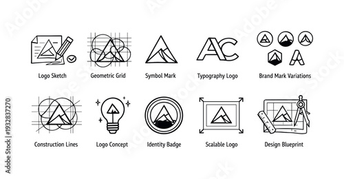 Logo design linear icon set. concepts, branding, identity, logo creation icons outline