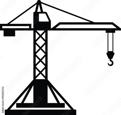 Black and white tower crane icon vector illustration isolated on white background for construction site engineering heavy machinery industrial building project and equipment design