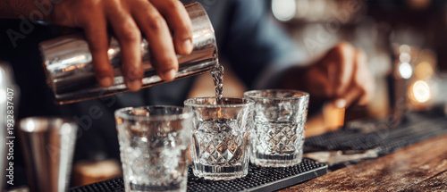Hands skillfully pour vodka into crystal shot glasses on a rustic bar counter, creating a vibrant atmosphere in a jazz club during an evening setting