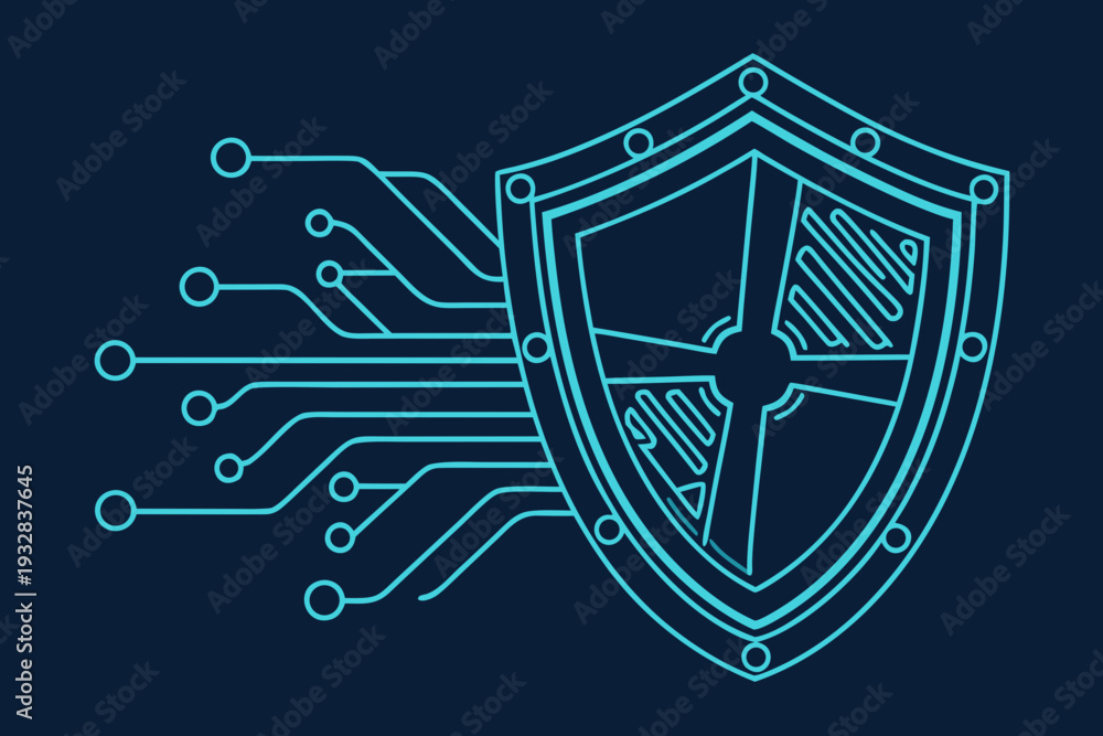 Fototapeta premium Digital Shield with Circuitry Lines Represents Cybersecurity and Data Protection in Technology
