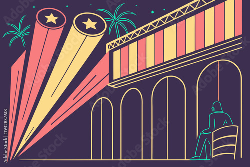 Art Deco stage with spotlights and palm tree, a lone figure sits watching the show