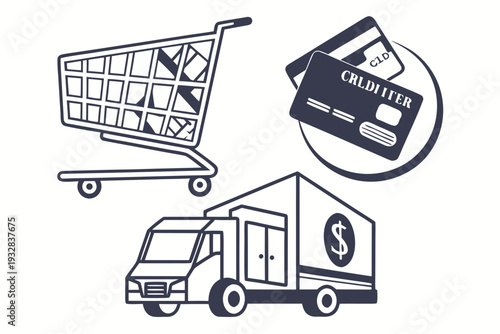 E-commerce Icons: Shopping Cart, Credit Cards, and Delivery Truck Isolated on Transparent Background