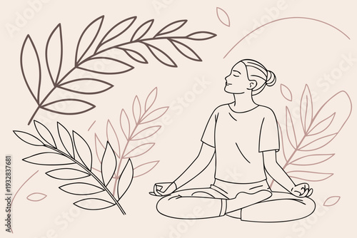 Minimalist line art vector of a woman meditating in lotus pose with leaves