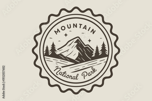 Retro Mountain National Park Travel Badge Illustration with Scenic Landscape and Trees