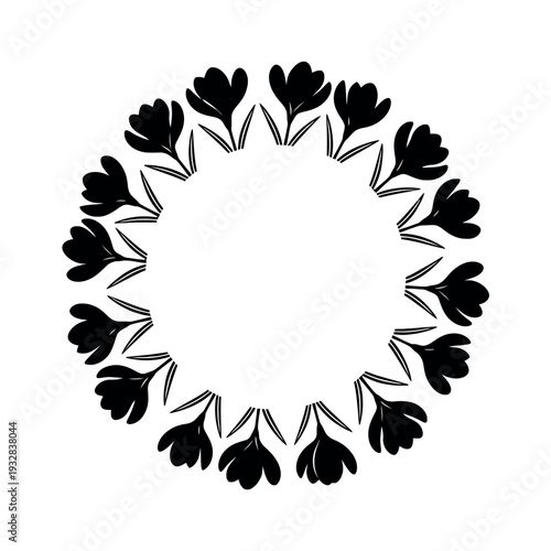 A minimalist spring wreath silhouette features a circular frame of black floral shapes on a white background, forming a simple yet elegant botanical emblem.