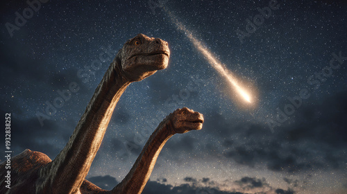 Two diplodocus dinosaurs look up as a meteorite falls from above, illuminating the night sky with bright light and capturing their attention in a striking moment