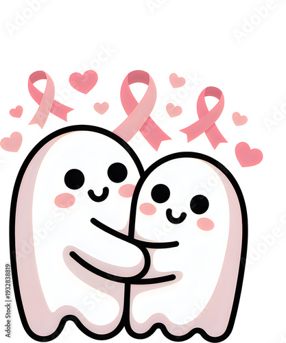 Smiling ghosts hugging in front of pink breast cancer awareness ribbons and hearts