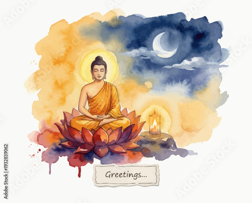 Artistic watercolor painting of meditating Buddha on a lotus flower under the moon.