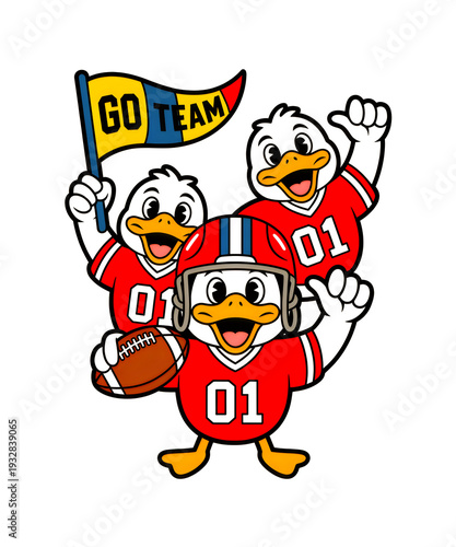 Three cartoon ducks wearing football jerseys and cheering