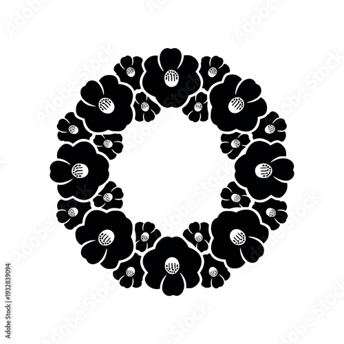 A minimalist black floral wreath silhouette with a circular frame of stylized flowers and leaves on a clean white background, forming a simple spring logo wreath with a monochrome aesthetic.