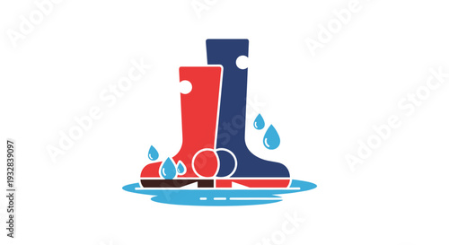 Red and Blue Wellington Boots in a Puddle with Raindrops Flat Icon