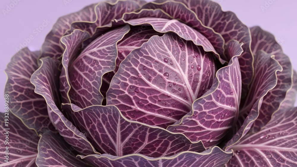 Obraz premium Close up of a fresh red cabbage head with detailed leaf texture on light purple background