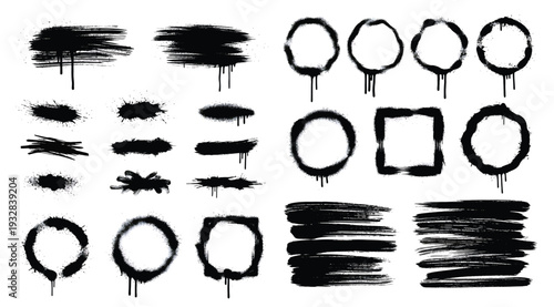 Collection of various black ink brush strokes and shapes on white background for creative design