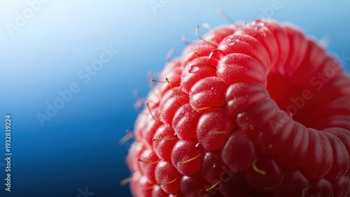 Close up of a fresh raspberry against a vibrant blue background