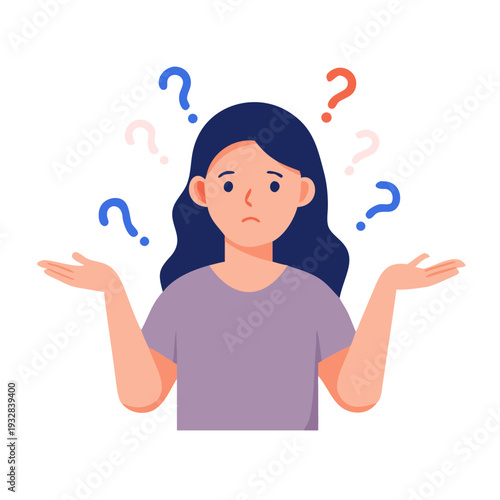 Woman Puzzled With Question Marks Above Her Head Expressing Confusion and Uncertainty Looking At The Viewer With Arms Outstretched