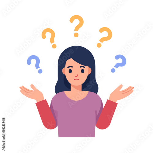 Woman Puzzled With Question Marks Above Her Head Expressing Confusion and Uncertainty Looking At The Viewer With Arms Outstretched