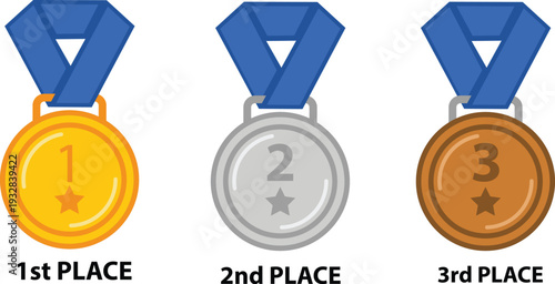 First second and third place medals with blue ribbons for sports competition leaderboard and corporate ranking web icons