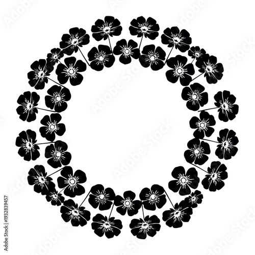 A simple floral circle of black flowers with white centers forms a botanical round emblem on a plain white background.