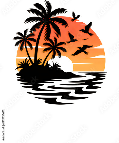 Tropical island silhouette with palm trees and birds at sunset