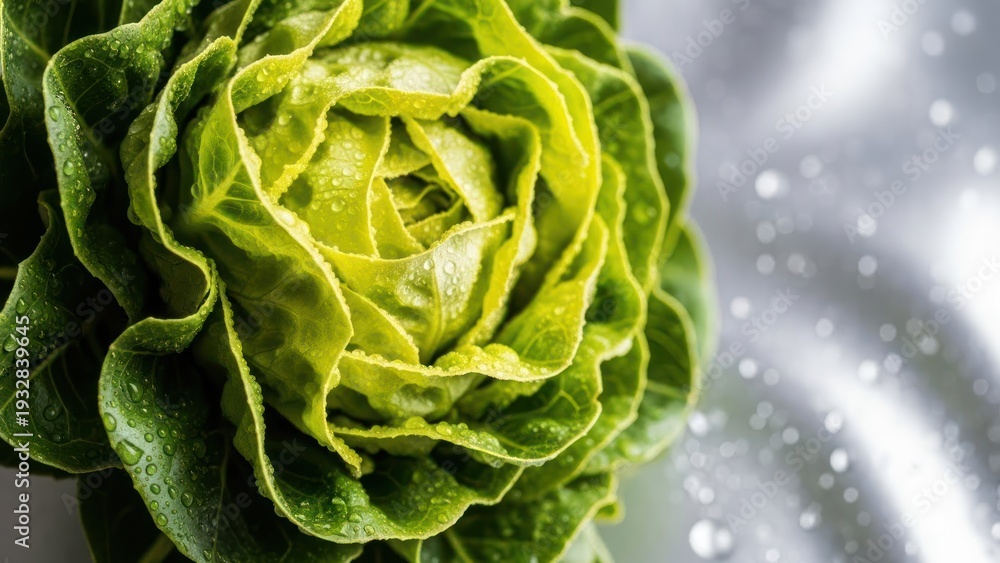 Fototapeta premium Close up of fresh green lettuce head with water droplets