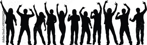 Dancing people silhouettes party crowd, men and women celebrating with raised hands music festival event vector illustration isolated