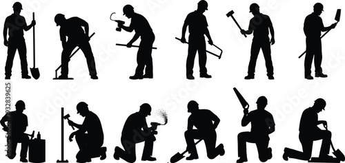 Construction worker silhouette set, builder with tools hammer drill shovel industrial labor vector illustration isolated collectionConstruction worker silhouette set, builder with tools hammer drill 