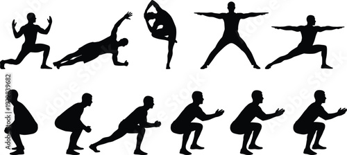 Fitness workout silhouette set, man performing yoga poses, stretching exercises and squat training vector illustration isolated backgroundFitness 