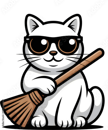 White cat wearing sunglasses holding a broom cartoon cat