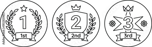 Award medal icons set showing first second and third place ranking badges for sports competition and business excellence