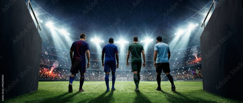 Fototapeta premium Football players entering illuminated stadium at night before major tournament kickoff. Concept of world championship stage, international teams, competitive spirit, and global sport event.