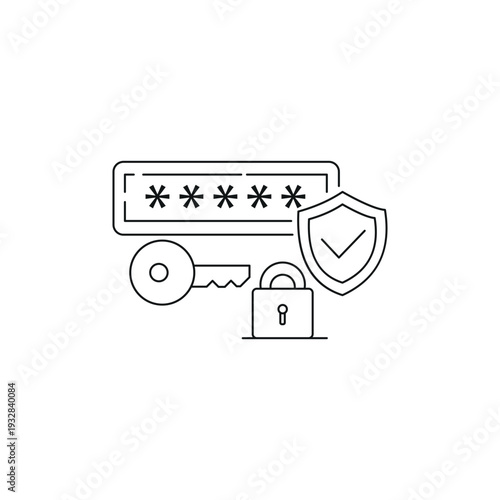  Password Protection Security Icon with Key Lock and Shield, Secure Login Cybersecurity Line Vector