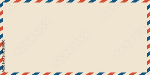 Airmail envelope frame. Commercial envelope. International vintage letter border. Retro air mail postcard with blue and red stripes. Blank correspondence paper template.eps,10