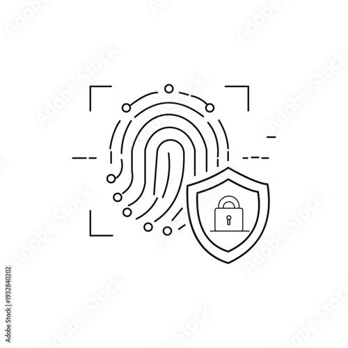  Biometric Fingerprint Security Icon with Shield Lock, Cyber Security Authentication Line Vector
