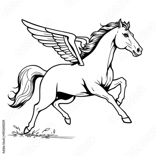 pegasus, horse, winged, mythology, greek, legend, mythical, fantasy, creature, lineart, outline, drawing, illustration, sketch, monochrome, black, white, ink, tattoo, engraving, etching, vintage, clas