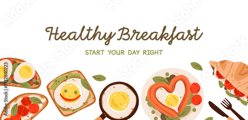 Healthy Breakfast Banner with Eggs and Toast. Fresh morning meal concept for cafe menu and food banner design.