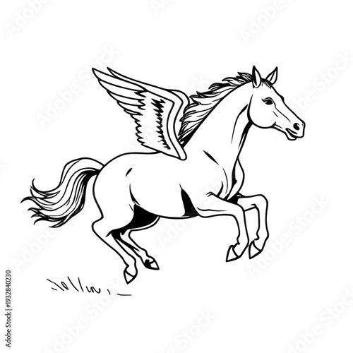 pegasus, horse, winged, mythology, greek, legend, mythical, fantasy, creature, lineart, outline, drawing, illustration, sketch, monochrome, black, white, ink, tattoo, engraving, etching, vintage, clas