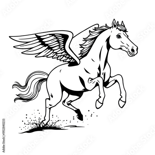 pegasus, horse, winged, mythology, greek, legend, mythical, fantasy, creature, lineart, outline, drawing, illustration, sketch, monochrome, black, white, ink, tattoo, engraving, etching, vintage, clas