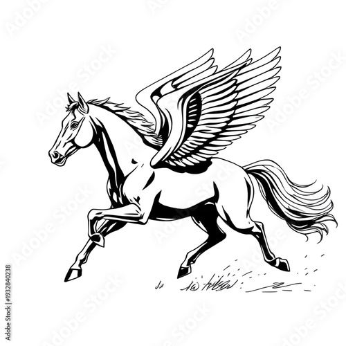 pegasus, horse, winged, mythology, greek, legend, mythical, fantasy, creature, lineart, outline, drawing, illustration, sketch, monochrome, black, white, ink, tattoo, engraving, etching, vintage, clas