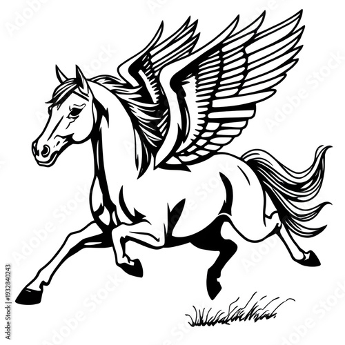 pegasus, horse, winged, mythology, greek, legend, mythical, fantasy, creature, lineart, outline, drawing, illustration, sketch, monochrome, black, white, ink, tattoo, engraving, etching, vintage, clas
