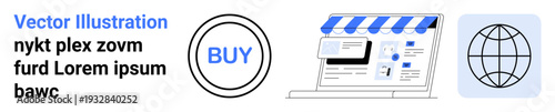 Online shopping, digital marketing, global commerce, internet retail, web stores, e-commerce solutions. Digital storefront, buy button and globe icon. Online shopping and digital marketing concept