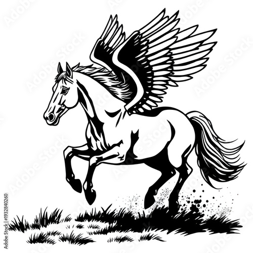 pegasus, horse, winged, mythology, greek, legend, mythical, fantasy, creature, lineart, outline, drawing, illustration, sketch, monochrome, black, white, ink, tattoo, engraving, etching, vintage, clas