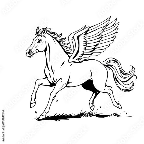 pegasus, horse, winged, mythology, greek, legend, mythical, fantasy, creature, lineart, outline, drawing, illustration, sketch, monochrome, black, white, ink, tattoo, engraving, etching, vintage, clas