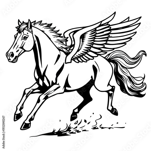 pegasus, horse, winged, mythology, greek, legend, mythical, fantasy, creature, lineart, outline, drawing, illustration, sketch, monochrome, black, white, ink, tattoo, engraving, etching, vintage, clas