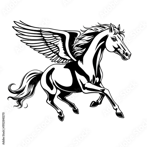 pegasus, horse, winged, mythology, greek, legend, mythical, fantasy, creature, lineart, outline, drawing, illustration, sketch, monochrome, black, white, ink, tattoo, engraving, etching, vintage, clas